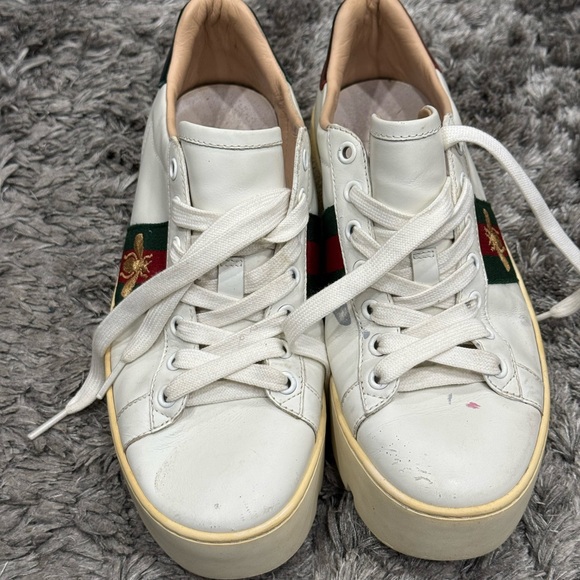 Gucci White Leather Web Bee Embroidered Platform Ace Sneakers - Picture 1 of 13